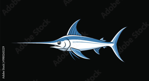 Pixel Art Swordfish Marlin Sailfish Blue White Isolated Object On Black