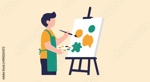 Artist painting on canvas easel, holding palette and brush, creative hobby