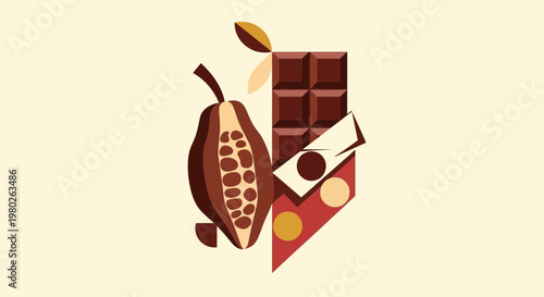 Artistic Chocolate Bar, Cocoa Pod, and Candies - Sweet Treat Illustration