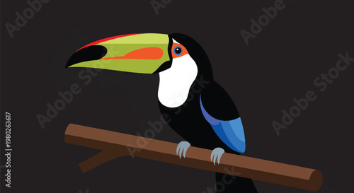 Pixel Art Toucan Bird Sitting On Brown Branch Vector Isolated Object