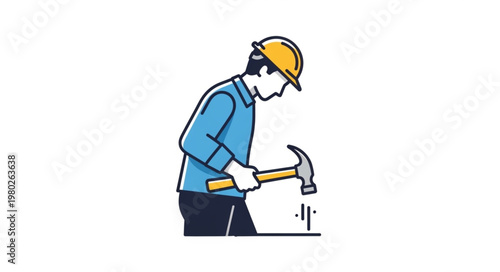 Construction worker hammering nails wearing safety hardhat.
