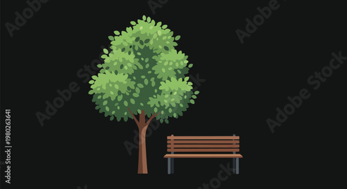 Pixel Art Tree And Park Bench Isolated On Black Background Flat Vector