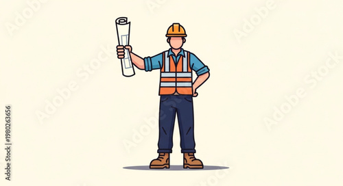 Construction worker holding blueprint wearing safety gear.