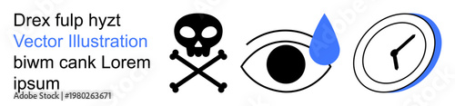 Warning signs, time management, emotional health, mortality, risk, punctuality. Skull with crossbones, eye with teardrop clock illustration. Mortality and emotional health conceptual