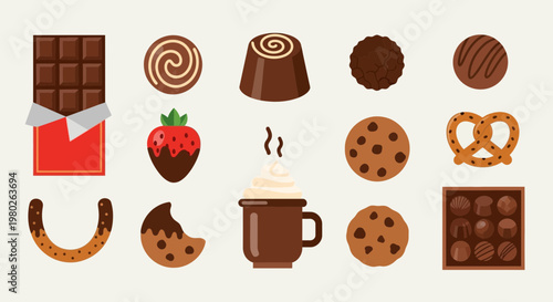 Assorted Chocolate Sweets Collection: Bar, Cookies, Truffles, Hot Cocoa, Strawberry