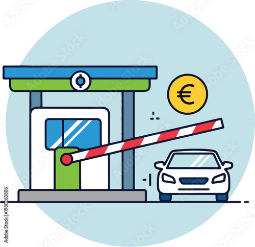 Toll Booth With Car And Euro Coin Line Icon Isolated Object