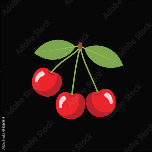 Three Red Cherries With Green Leaves On Black Background Vector