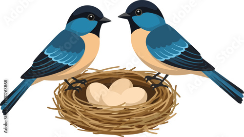 Two Blue Birds At Nest With Eggs Pixel Art Illustration Isolated