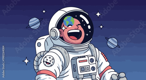 Astronaut with Earth reflection in helmet, happy, space background, planets and stars