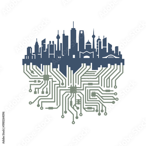Dusty Navy Blue City Skyline Circuit Board Tech Logo Vector