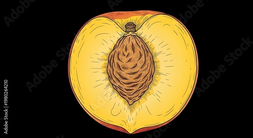 Cross-section illustration of a peach, showing flesh and seed, on a stark black background