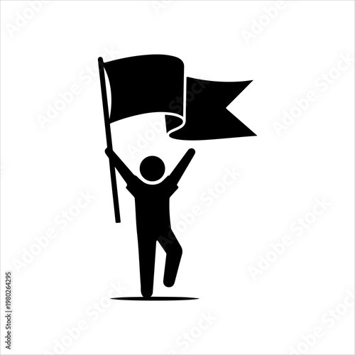 Person holding a flag in a triumphant pose symbolizing success and achievement.