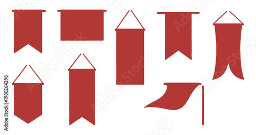 Vertical hanging banner set with red pennants and flag shapes for festive events and decor.