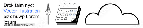 Agricultural planning, climate forecasting, data management, scheduling, farming, productivity. Calendar, corn icon cloud silhouette in black. Agricultural planning and climate forecasting concept