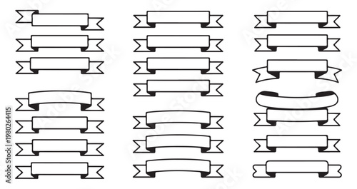 Set of outline ribbon banners with decorative stitching, vintage style design elements.