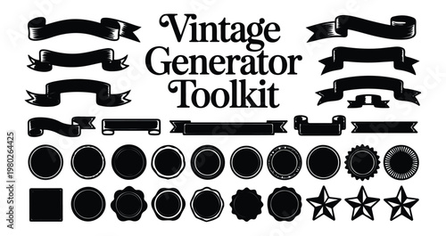 Vintage generator toolkit with a collection of ribbons, badges, and stars in silhouette style.