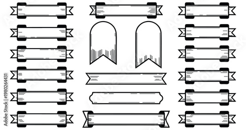 Set of outline ribbon banners and scroll shapes with internal line details, design elements.