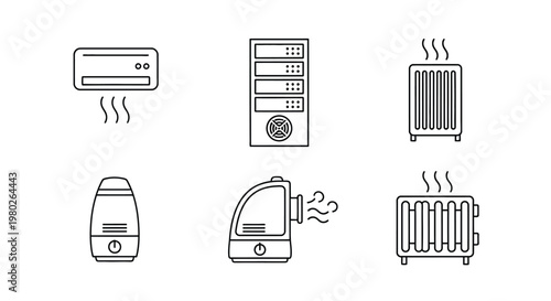 A collection of simple black and white line art icons depicting various home heating and cooling appliances