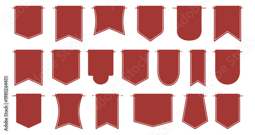 Collection of red blank fabric banner flags and pennants for decoration.