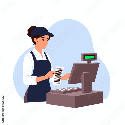 Vector illustration of a female cashier wearing a blue apron and cap checking a barcode label at a modern retail point of sale terminal with a monitor and cash register keyboard.