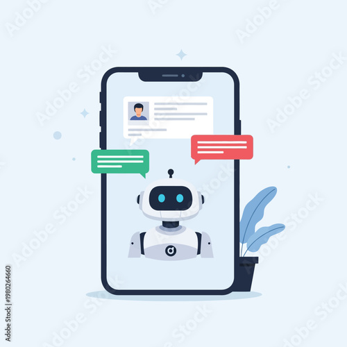 Flat vector illustration of a mobile smartphone displaying an artificial intelligence chatbot interface with speech bubbles and a white robot character for automated customer support.