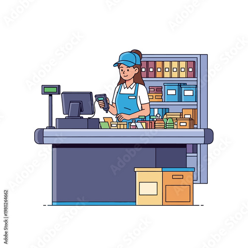 Female cashier wearing blue cap and apron scanning grocery items with a handheld barcode scanner at a supermarket checkout counter with a POS terminal and product shelves.