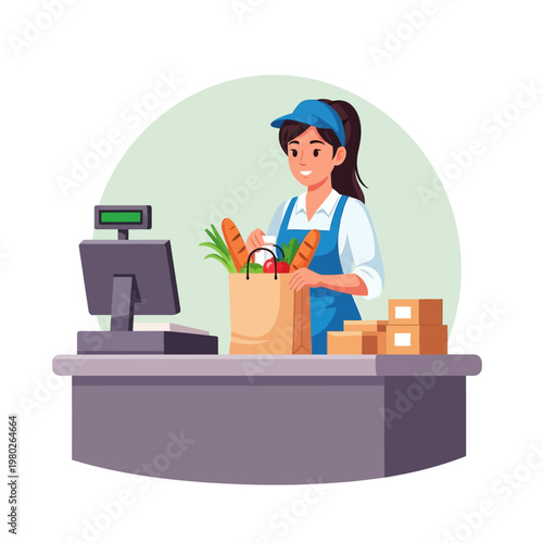 Vector illustration of a female supermarket cashier in a blue apron packing groceries like bread and vegetables into a paper bag at a checkout counter with a digital cash register.