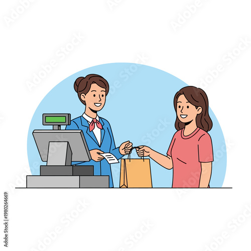 Vector illustration of a smiling female cashier in blue uniform handing a paper bag and receipt to a female customer at a store checkout counter with a digital cash register.