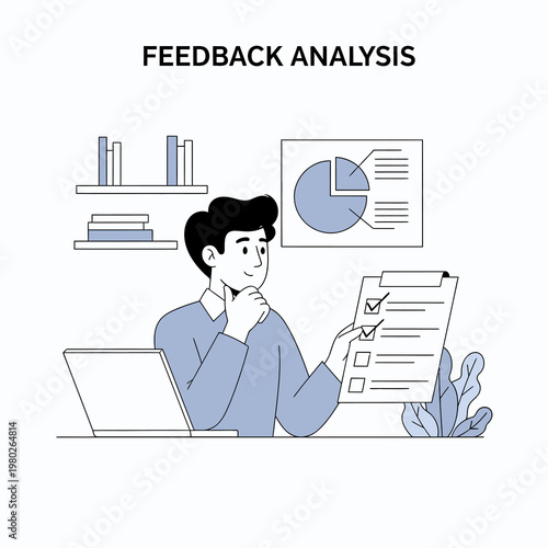 Minimalist vector illustration of a man sitting at a desk with a laptop, reviewing a feedback survey on a clipboard. A pie chart visualization and bookshelves are in the background.