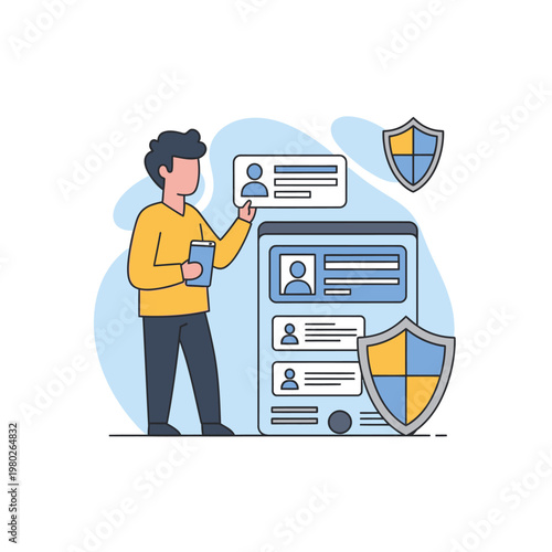 Man holding a smartphone and a digital identification card next to a large tablet screen showing user profiles and security shields for identity verification and data privacy.