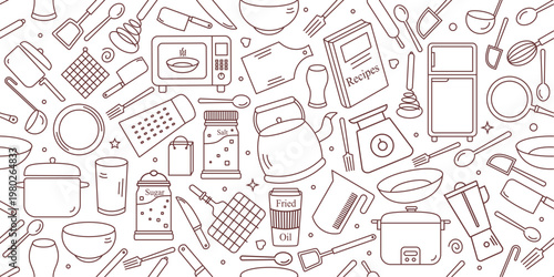Kitchen utensils doodle seamless pattern. Kitchen utensils pattern background. Kitchenware seamless sketched vector pattern. Kitchen cooking elements doodle seamless pattern.
