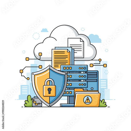 Vector illustration of secure cloud storage featuring a protective shield with a padlock icon, server racks, digital files, and a data folder against a blue city skyline backdrop.