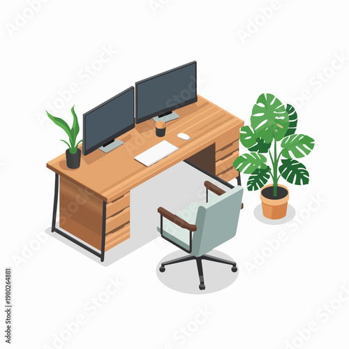 Isometric home office vector illustration, modern workspace with dual monitors, blue ergonomic chair, and monstera plant
