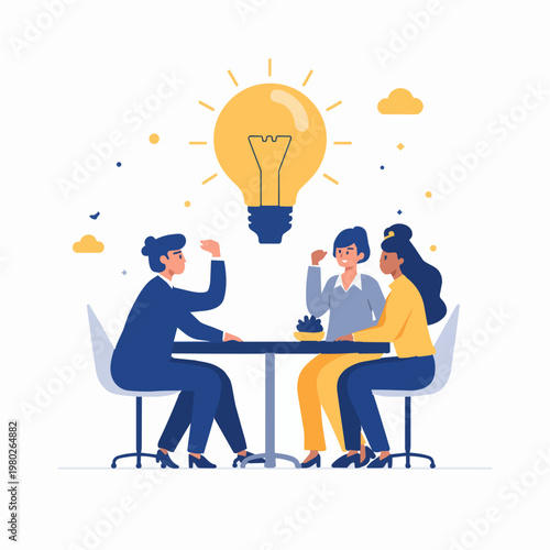 Diverse business team brainstorming around a table with a giant floating lightbulb, corporate blue and yellow tones, white background