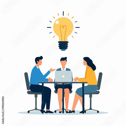 Diverse business team brainstorming around a table with a giant floating lightbulb, corporate blue and yellow tones, white background