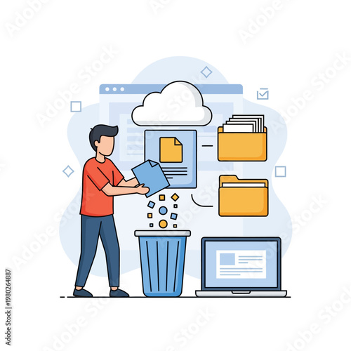 Flat vector illustration of a man throwing digital documents into a trash bin, symbolizing data deletion from cloud storage with folders, laptop, and cloud icons.