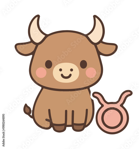 Cute kawaii Taurus zodiac sign flat vector illustration in pastel colors isolated on white