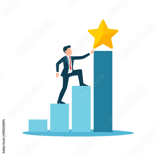 Stylized business person climbing a rising bar chart to reach a golden star, corporate success concept in flat design