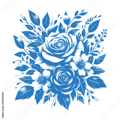Blue Floral Arrangement: A Stylized Illustration of Roses and Blossoms