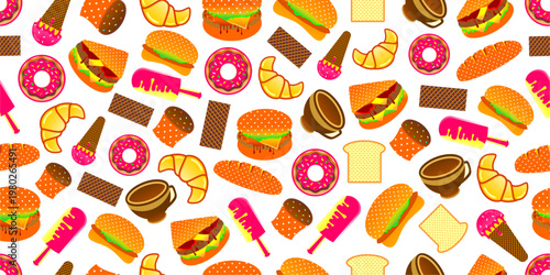 Fast foods seamless pattern background. Vector of colorful cartoon fast foods pattern. Colourful fast foods pattern background. Seamless fast food vector background.