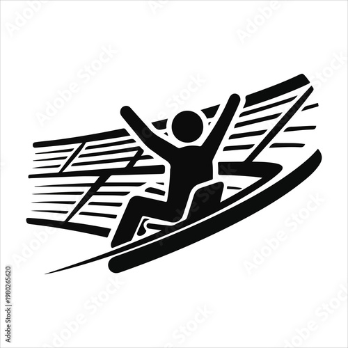Person on a toboggan sledding down a hill in a dynamic black and white illustration.