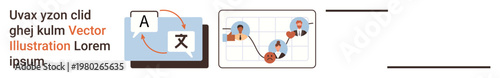 Language learning, communication tools, digital connection, global teamwork, collaboration, technology. Speech bubble with language symbols and graph connecting profile icons. Language learning