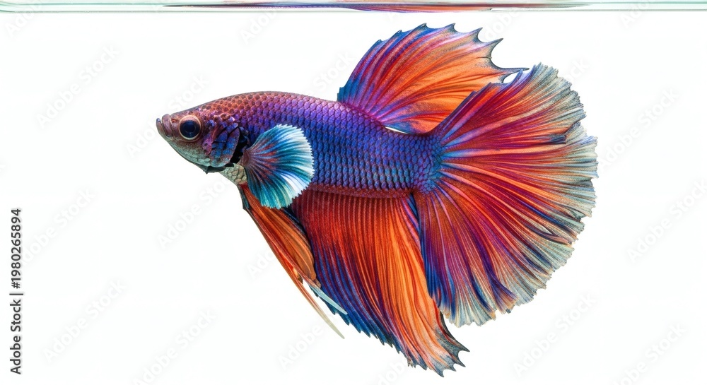 Fototapeta premium Vibrant Colorful Siamese Fighting Fish Betta Splendens Isolated on White Background
