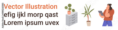 Office design, workplace productivity, digital work, modern decor, interior organization, business creativity. Minimalistic setup with plants, a drawer and a professional using a tablet. Office