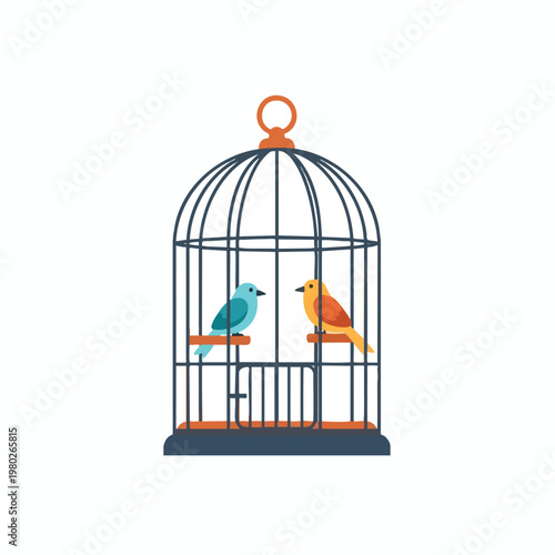 Colorful Birds in a Classic Birdcage for Nature and Wildlife Themes