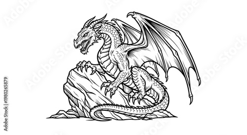 A dragon sitting on a rock.