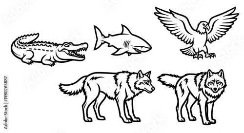 Animals including crocodile shark eagle wolves.