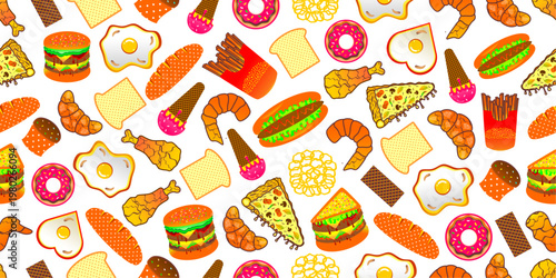 Fast foods seamless pattern background. Vector of colorful cartoon fast foods pattern. Colourful fast foods pattern background. Seamless fast food vector background.