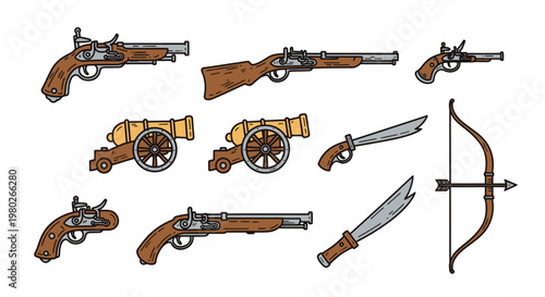 Collection of antique firearms and swords.