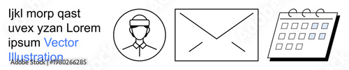 Business communication, organization, scheduling, digital messaging, user profile data, email exchange. Image shows a profile icon, an envelope and a calendar. Business communication